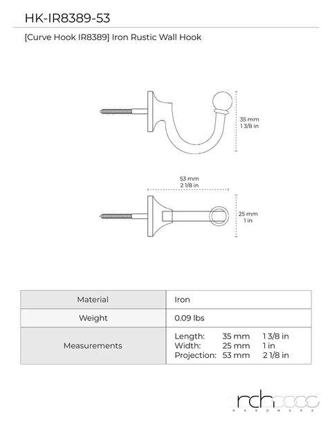 Solid As A Rock Cast Iron Twist Wall Hook Heavy Duty Single Arm Screw Mount With Matching Screws, measures 1.3x1x2.1 inches.