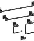 Matte Black Single Towel Hook For Bathroom Or Kitchen Heavy Duty Rust Resistant Dope Space Saving Organizer For Towels And Robes Easy Mount Wall Mounted Bath Hardware shown with additional bath hardware set.