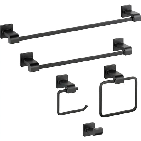 Matte Black Single Towel Hook For Bathroom Or Kitchen Heavy Duty Rust Resistant Dope Space Saving Organizer For Towels And Robes Easy Mount Wall Mounted Bath Hardware shown with additional bath hardware set.