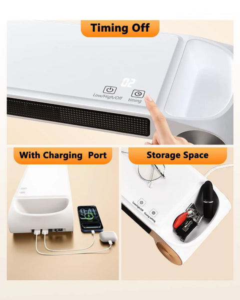 Desk Space Heater 330W 2-In-1 Desk Top Heater And Monitor Stand with USB Charging Port, timer display, and storage space
