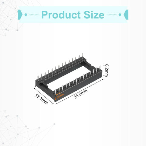 Close-up of a DIP IC Chip Socket Adapter showing dimensions 17.7mm x 35.5mm, focus keyword: DIP IC Chip Socket Adapter Kit With Seventeen Pieces 28 Pin 15.24 mm Row Pitch And 2.54 mm Pitch For Breadboard Projects And PCB Design