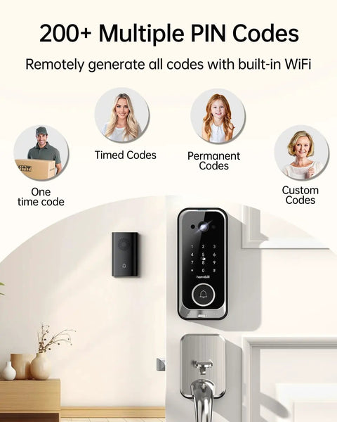 No Sweat Smart Front Door Lock With 2K HD Camera Video Doorbell Kit, Fingerprint Keyless Entry Wifi Deadbolt, Bluetooth App Remote, Big Time Security, Auto Lock And Satin Nickel Finish
