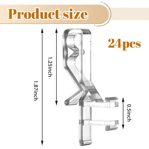Twenty Four Piece Set Of Clear Flexible Plastic Valance Clips For Faux Wood Blinds And Hidden Groove Channels slick drop in mounting, size reference of clips.