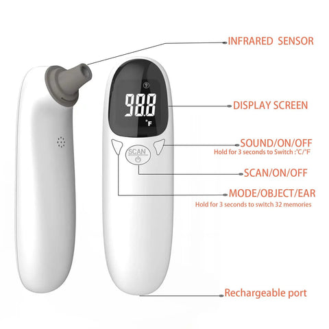 Non Contact Pet Ear Thermometer For Cats And Dogs Infrared Quick Temp Read In One Second Safe And Gentle For Stress Free No Fuss At Home Vet Checks No Contact Reading White Finish showing front and side views with display, infrared sensor, and rechargeable port
