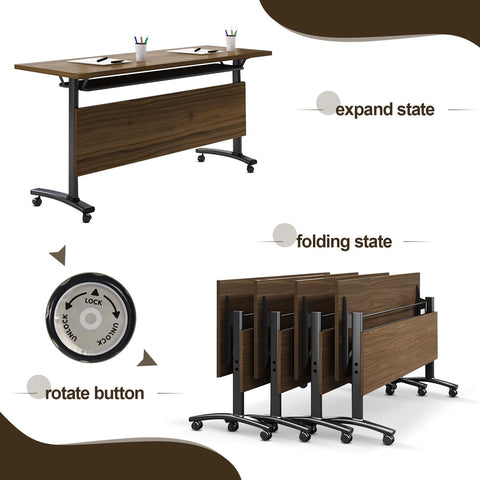 Smooth Rolling Folding Conference Table With Heavy Duty Casters Quick Collapsible Meeting Desk For Corporate Training in expanded and folded states.