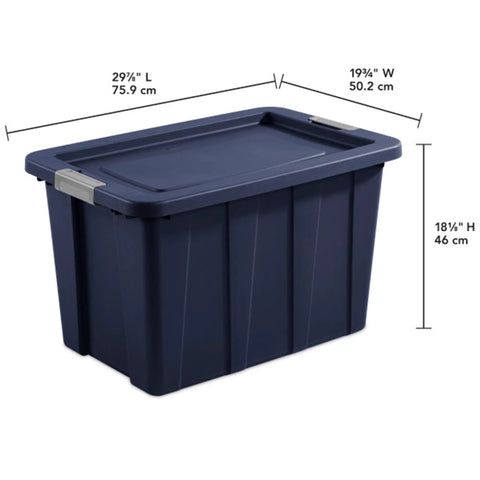 Eight Pack Heavy Duty Storage Bins With Secure Snap Lids Rock Solid Plastic Totes Built Like A Tank For Garage Basement Outdoor Campout Gear And Seasonal Gear 30 Gallon Capacity Dark Indigo Bucket with dimensions displayed.