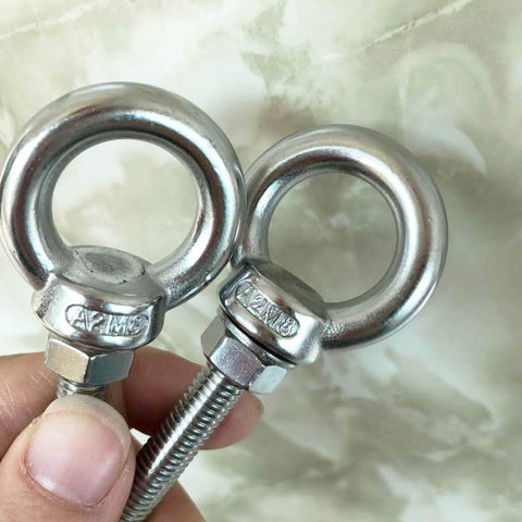 Beefy M8 Stainless Steel Shoulder Eye Bolts, 4 Pack, heavy duty eye bolts with washers and nuts, showcasing corrosion resistant finish.