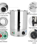Heavy Duty Stainless Steel Electric Hot Water Boiler With Auto Keep Warm And Boil Dry Protection Designed As A Kitchen Workhorse For Piping Hot Soups And Buffets In Restaurants Offices 58 Liter Capacity, showing the stainless steel finish and controls.