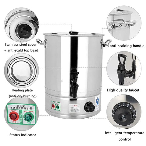 Heavy Duty Stainless Steel Electric Hot Water Boiler With Auto Keep Warm And Boil Dry Protection Designed As A Kitchen Workhorse For Piping Hot Soups And Buffets In Restaurants Offices 58 Liter Capacity, showing the stainless steel finish and controls.