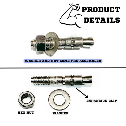 Heavy Duty Wedge Anchors Set In 304 Stainless Steel For Concrete And Masonry Three Eighths By Two And A Quarter Inches Rust Resistant Durable 5 Pack For Long Lasting Performance And Versatility close-up showing nut, washer and expansion clip pre-assembled.