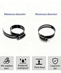 42 Piece Black Stainless Steel Hose Clamps Kit For DIY Auto Repairs With Metal Adjustable Worm Gear Clamps 1 Quarter To 1 Eighth Inch Range 6 To 29 Mm For Automotive Radiator Pipes Plumbing And Fuel Lines showing minimum and maximum diameter sizes.