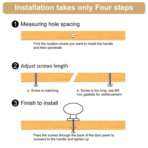 Installation steps for Heavy Duty Round Cabinet Knobs Four Pack Brushed Gold Zinc Alloy Kitchen Handle Replacement.