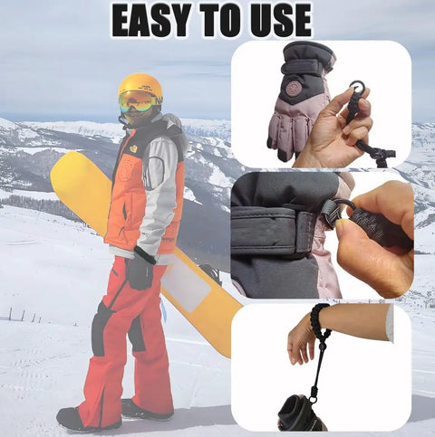 Glove Leash With Metal Button Safety Strap For Ski Gloves And Winter Wear Anti Lost Wrist Leash displayed with snowboarder on snowy mountain