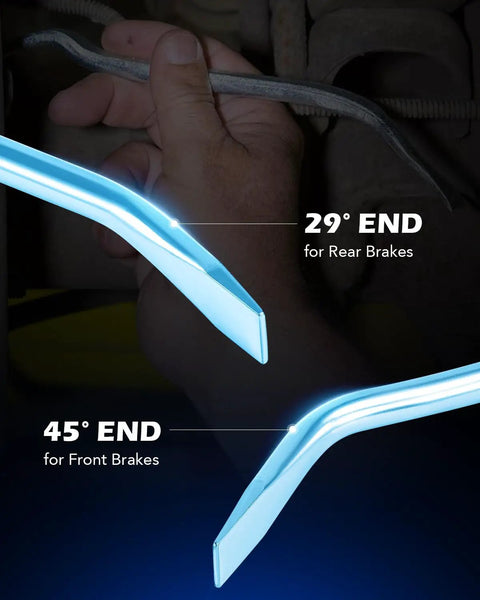 Close-up of a dual-ended brake spoon tool with 29° and 45° ends shown, part of 3 Piece Drum Brake Tool Kit With Brake Spring Tool Brake Adjusting Spoon And Spring Pliers For Easy Drum Brake Maintenance Dual Ended Pliers With A 9 Inch Jaw Opening And Included Gloves For Quick Brake Spring Removal And Installation.