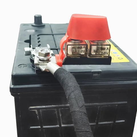 Dead Solid 60 Amp Car Marine Battery Terminal Fuses With IP66 Waterproof Design And No Stress Auto Reset Overload Protection Keeping Your Suv Truck Or Rv Juice Running Smooth, close-up of fuses on battery.