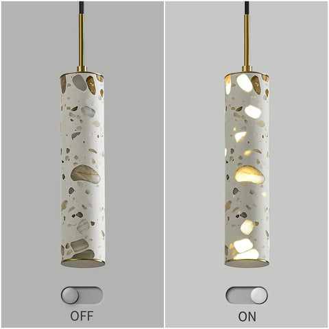 Modern Cement Pendant Lights, Hanging Lamp for Kitchen Island, 6000K, 2 Pack with gold accents off and on display.