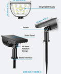 Outdoor Solar Lights 6 Pack 2 In 1 Spotlight Kit With 3 Modes IP67 Waterproof Landscape Lighting showing 33 LED light, stake, rotation design