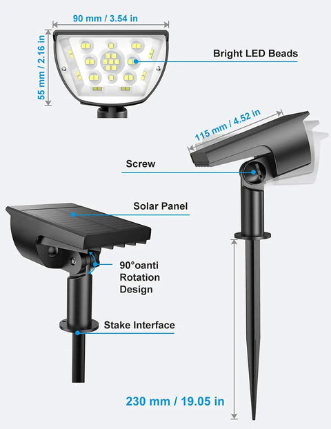 Outdoor Solar Lights 6 Pack 2 In 1 Spotlight Kit With 3 Modes IP67 Waterproof Landscape Lighting showing 33 LED light, stake, rotation design
