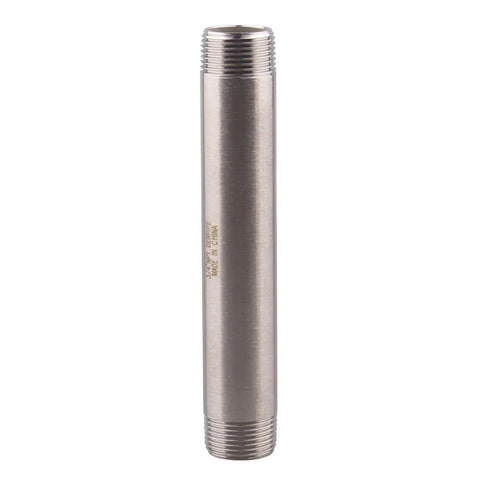 Front view of Three Quarter Inch NPT Male Stainless Steel Pipe Nipple, 304 Grade, Six Inch Length, heavy duty plumbing fitting.
