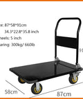 Foldable Steel Flatbed Hand Cart With Heavy Duty Rolling Base And Smooth 360 Degree Swivel Wheels, size details displayed.