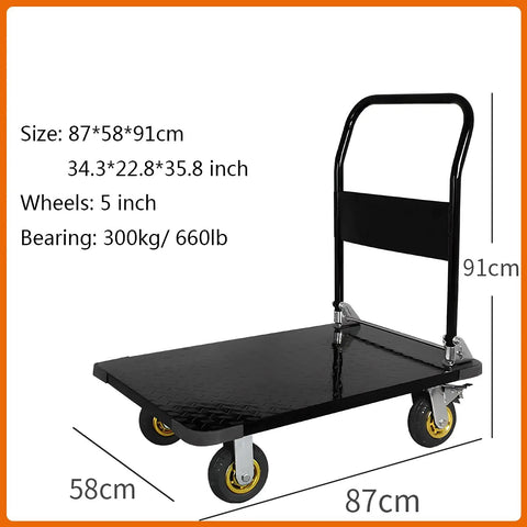 Foldable Steel Flatbed Hand Cart With Heavy Duty Rolling Base And Smooth 360 Degree Swivel Wheels, size details displayed.