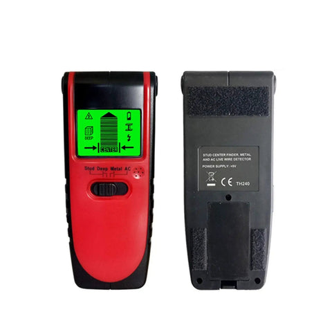 Top Notch Three In One Wall Scanner And Heavy Duty Stud Finder with LCD screen showing detection icons, handheld design.