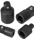 Premium Black Socket Adapter Set With Four High Carbon Steel Pieces In One Quarter Three-Eighths And Half Inch Sizes For Ultimate Toughness And Easy Tool Access To Handle Heavy Impact Jobs. four black impact socket adapters
