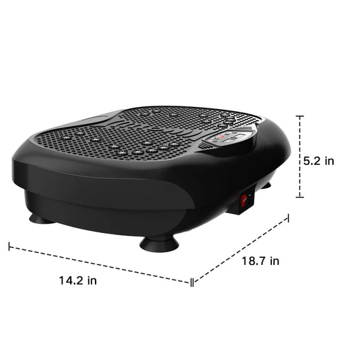 Side view of black Vibration Plate Exercise Machine For Whole Body Workout And Weight Loss At Home, showing dimensions and non-slip surface.