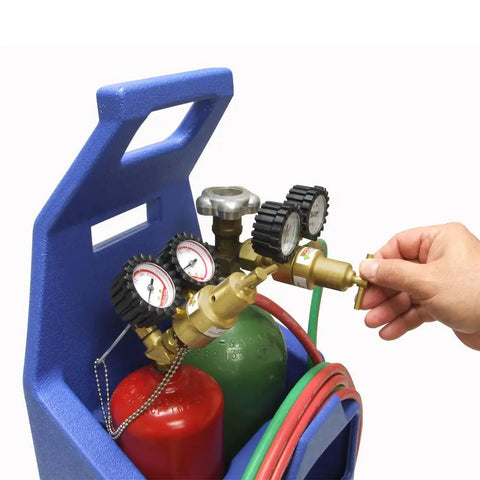 KC100P Centurion Weld And Brazing Outfit With 511 Plastic Carrying Stand For Pro Grade Portable Oxyacetylene Welding And Brazing Two Tips For Brazing Up To One Inch Copper Tubing And Welding Up To One Eighth Inch Steel, Single Stage Regulators, blue carrying stand with regulators