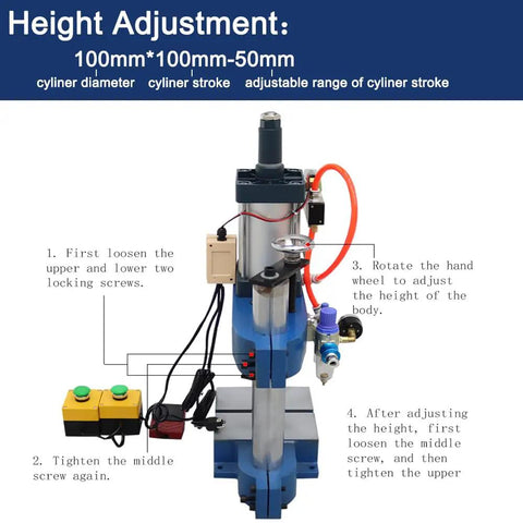 Heavy Duty Pneumatic Punch Press Desktop Sheet Metal Hole Puncher With Adjustable Cylinder Stroke showing height adjustment instructions.