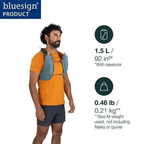 Man wearing Duro 1.5L Mens Running Hydration Vest With Hydraulics Soft Flasks Breathable Mesh No Bounce Fit Wing Stay Stabilizers