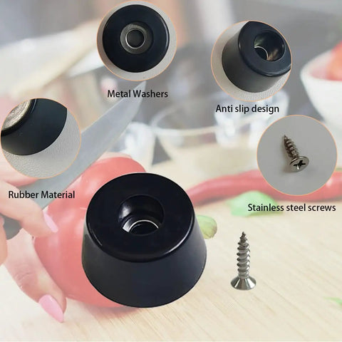 Top Shelf Non Slip Rubber Feet With Stainless Steel Screws, Heavy Duty Anti Skid Bumpers For Countertops And Cabinets, Zero Scratch Drama, Rock Solid Kitchen Savers, 20 Piece Set, detailed view of black rubber foot with stainless screw.