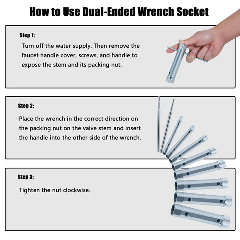 Steps on using All In One Spark Plug And Plumbing Wrench Set Dual Ended Socket Wrenches for tight spaces, home DIY tasks.