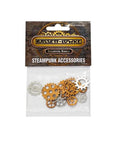 Steampunk Clock Cogs Pack For Model Railway Accessories in packaging showing 18 multicolor clock gears for OO and HO tracks.