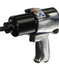 Beefy Half Inch Air Impact Wrench With Pistol Grip Friction Ring Retainer Variable Power 590 Ft-Lb Max Torque Built Tough for Auto Shops and Heavy Duty Jobs, shown from a side angle.