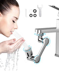 Woman using 1080 Degree Swivel Faucet Aerator With Dual Water Outlet Modes, shown with splash filter in bathroom setting.