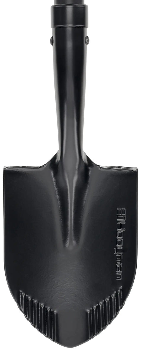 Mini Digging Shovel Built Tough With Heavy Duty Carbon Steel Head And Serrated Blade, ergonomic design visible from front view