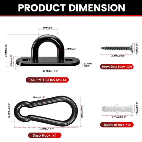Product dimensions for 304 Stainless Steel Pad Eye Hooks Set Of 8 For Ceiling Hammock Swing And Plant Hangers with screws.