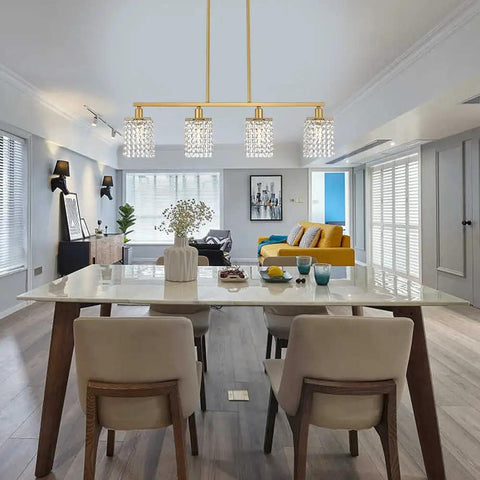 Crystal Linear Chandelier 4 Light Brushed Brass Farmhouse Pendant For Dining Room And Kitchen Island Gold Mid Century Modern Rectangle Hanging Light With Raindrop Crystals And Flush Mount Totally Lit in dining room.
