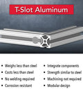 One Inch By One Inch T Slot Aluminum Extrusion Rail Bar Clear Anodized Sixty Inches Long showing features like strength and modular design.