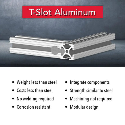 One Inch By One Inch T Slot Aluminum Extrusion Rail Bar Clear Anodized Sixty Inches Long showing features like strength and modular design.