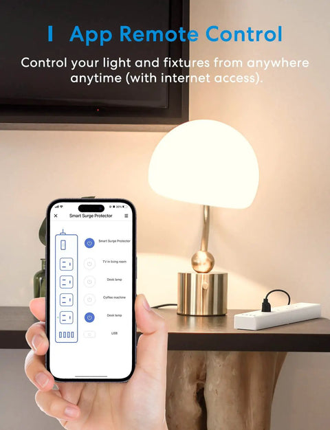 Smart Power Strip With Four Outlets And Four USB Ports, WiFi Enabled Flat Outlet controlling lamp via smartphone app.