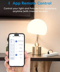 Hand holding phone with app interface, showing Totally Smart Power Strip with lamp and outlet in background, remote control example.