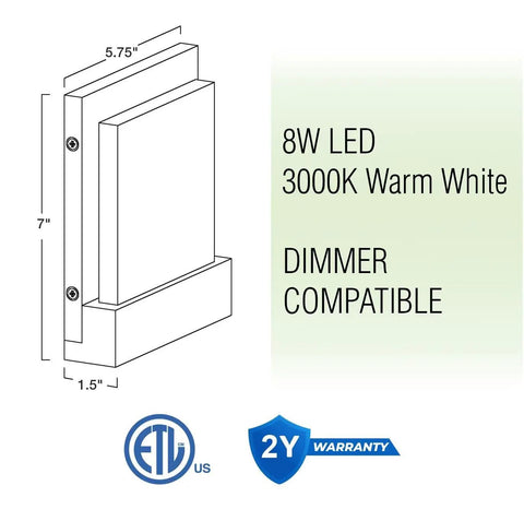 Diagram of wall-mounted light with 8W LED, 3000K warm white, ETL certified, dimmer compatible, 2-year warranty