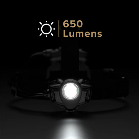 Hardworking Tactical LED Headlamp With Five LEDs 650 Lumen Spot And Flood Beam Plus Hardhat Mount in dark environment