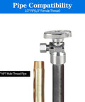 Dead Nuts Tight 2 Pack 1/2 Inch FIP Angle Stop Valves with 3/8 OD Compression Port shown with compatible fittings.