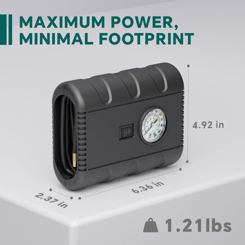 Portable 12V Tire Inflator With Analog Gauge, 100 PSI Quick Air Pump for Cars and Bikes, compact design with dimensions and weight