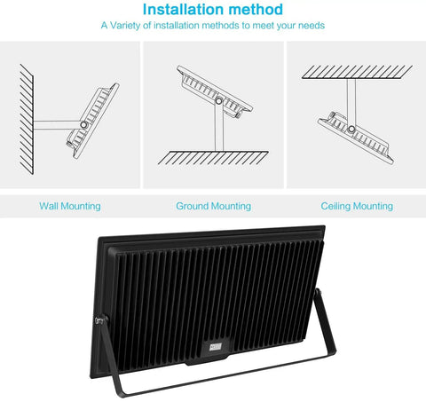 Installation methods for 600W LED Flood Light IP66 Waterproof With Plug 6000K Daylight White 60000LM, including wall, ground, and ceiling mounting.