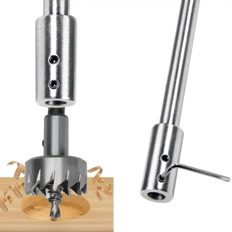 Tough As Nails Ten Inch Forstner Bit Extension Boosts Drill Depth By An Additional Eight Point Seven Five Inches For Deep Woodturning showing metallic shaft with Forstner bit.