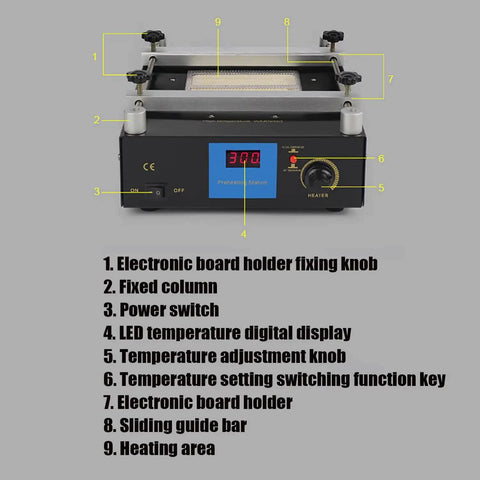 Pro Grade Digital Preheat Soldering Station with Hot Plate and display, showing controls and heating elements, for PCB desoldering.